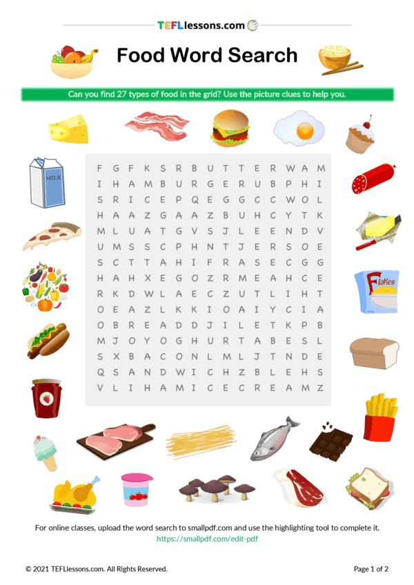 Food Word Search Tefllessons Com Esl Worksheets